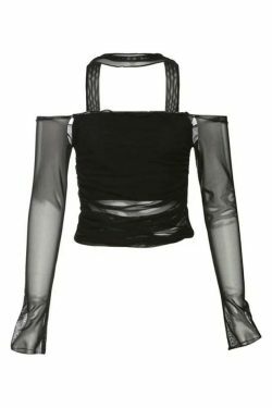 Y2K Mesh Halter Long Sleeve Tee: Coquette Aesthetic, Grunge Style, Pastel Goth, Cute Tops