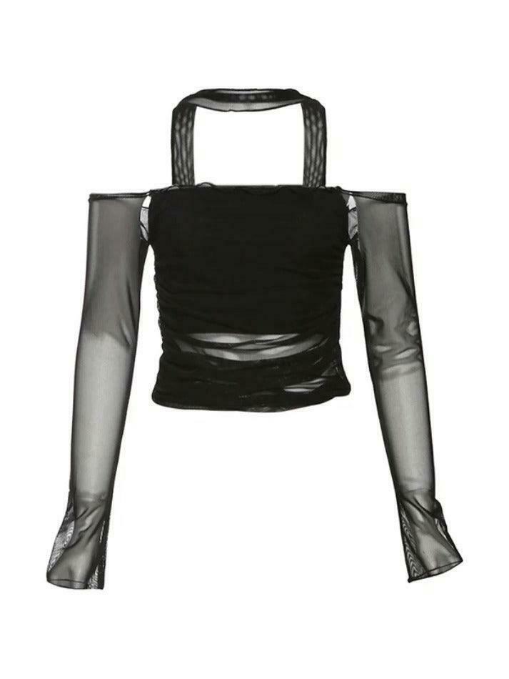 Y2K Mesh Halter Long Sleeve Tee: Coquette Aesthetic, Grunge Style, Pastel Goth, Cute Tops