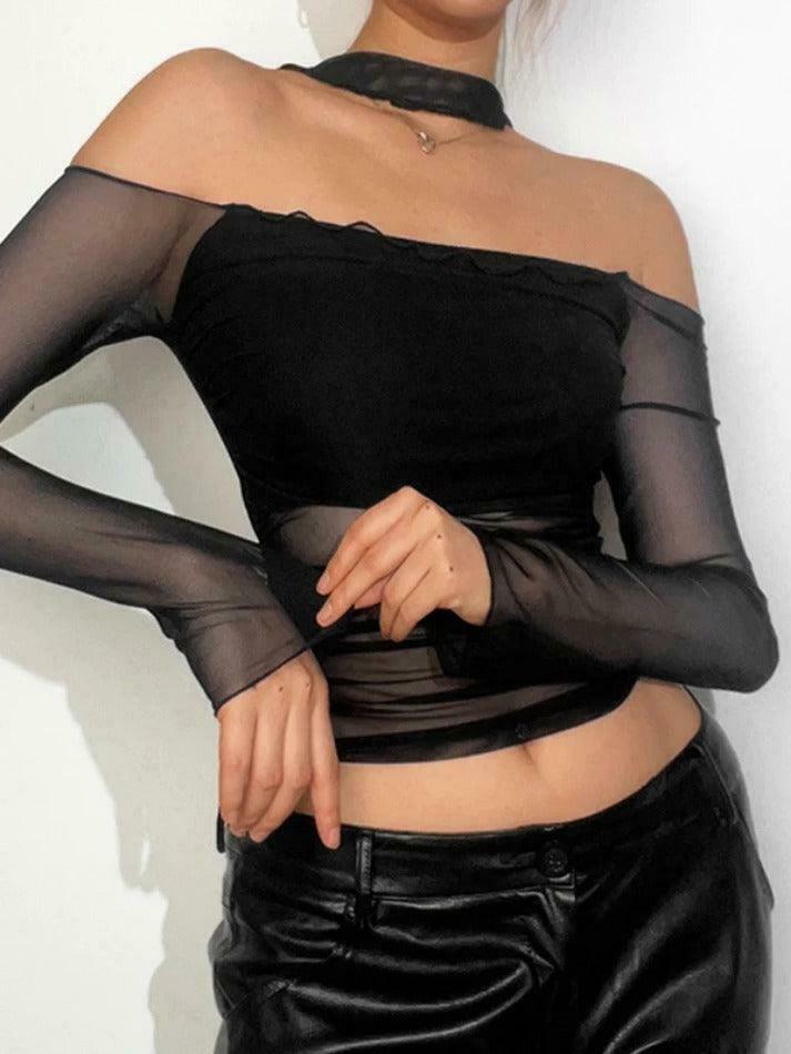 Y2K Mesh Halter Long Sleeve Tee: Coquette Aesthetic, Grunge Style, Pastel Goth, Cute Tops