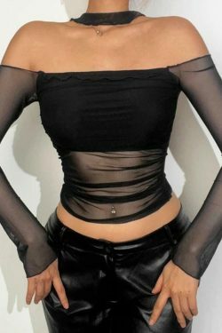 Y2K Mesh Halter Long Sleeve Tee: Coquette Aesthetic, Grunge Style, Pastel Goth, Cute Tops