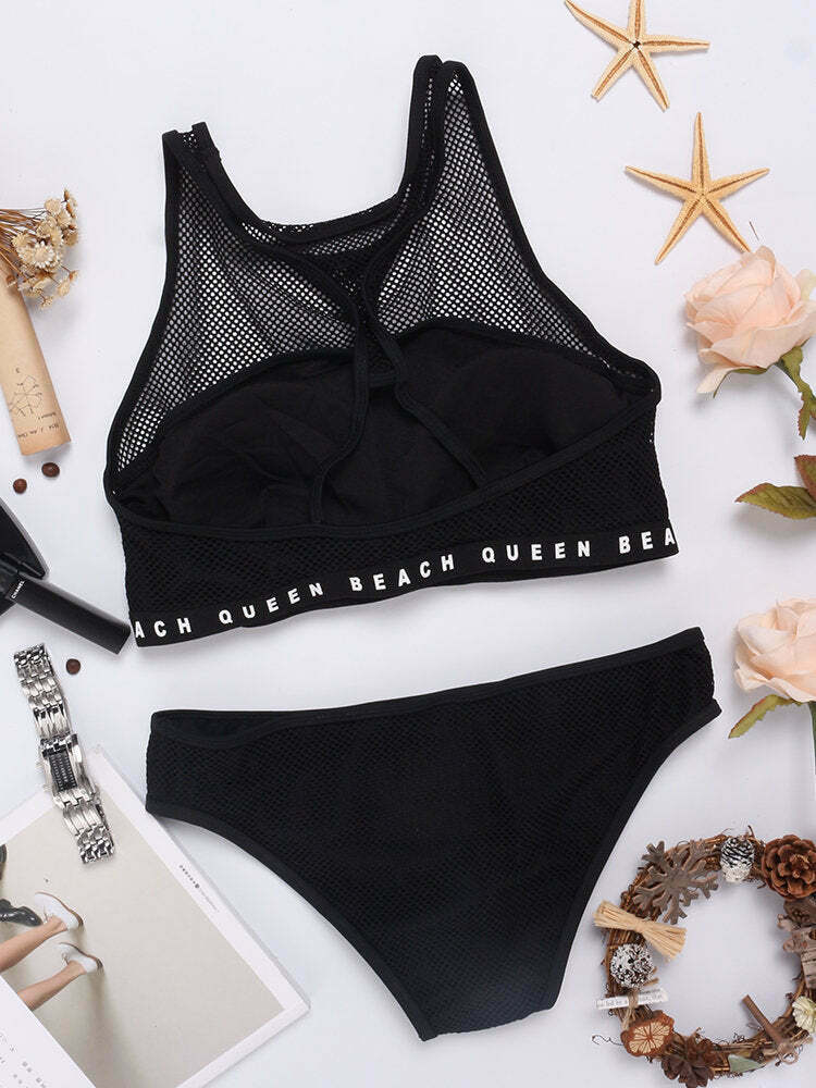 Y2K Mesh High Neck Bikini Swimwear - Coquette Grunge Aesthetic Cute Tops & Cargo Skirt Y2K Mesh High Neck Bikini Swimwear - Coquette Grunge Aesthetic Cute Tops & Cargo Skirt