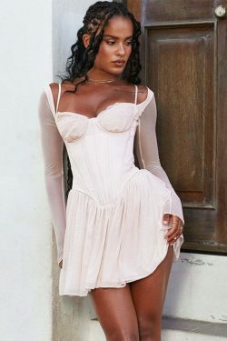 Y2K Mesh Lace Spliced Fishbone French Dress - Coquette Aesthetic, Grunge Style