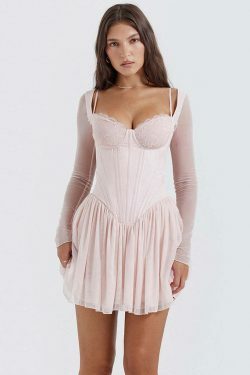 Y2K Mesh Lace Spliced Fishbone French Dress - Coquette Aesthetic, Grunge Style