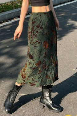 Y2K Mesh Lining Vintage Floral Midi Skirt - Coquette Aesthetic Grunge Style Women's Fashion