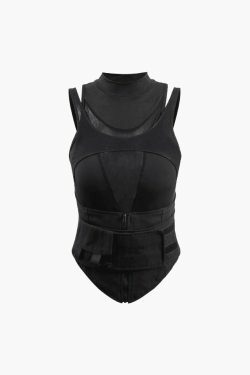 Y2K Mesh Panel Belted Tank Top: Coquette Aesthetic with Grunge & Pastel Goth Vibes