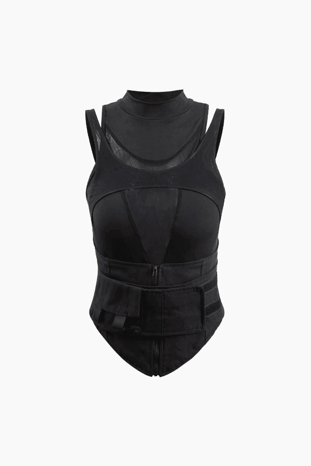 Y2K Mesh Panel Belted Tank Top: Coquette Aesthetic with Grunge & Pastel Goth Vibes Y2K Mesh Panel Belted Tank Top: Coquette Aesthetic with Grunge & Pastel Goth Vibes