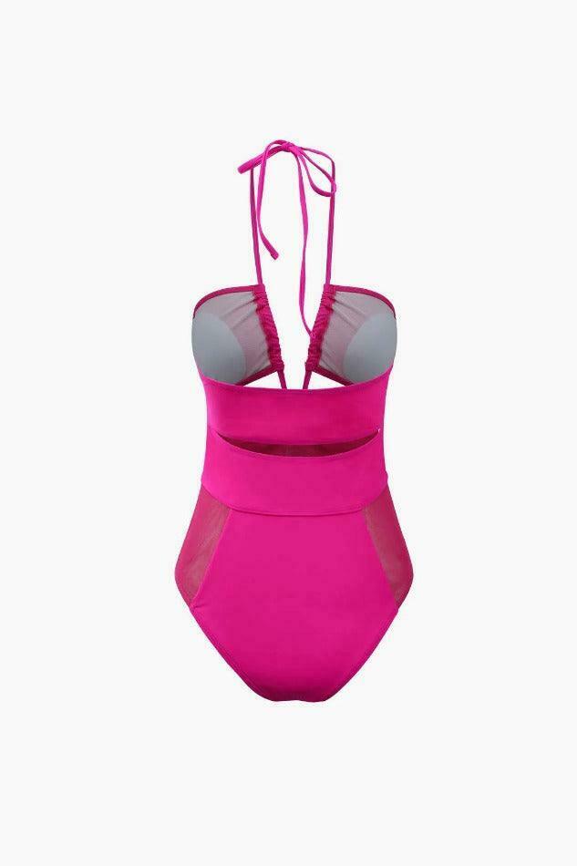 Y2K Mesh Panel Swimsuit: Coquette Aesthetic Halter Neck Cut Out for Women's Fashion