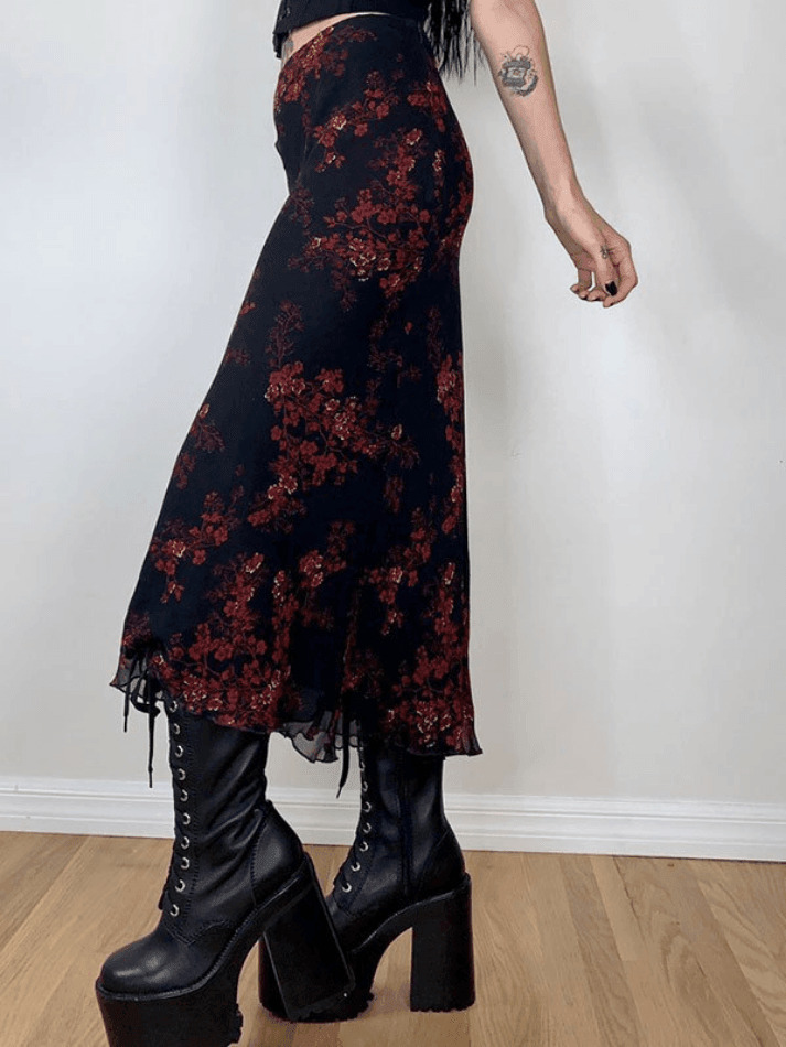 Y2K Mesh Paneled Floral Midi Skirt - Coquette Aesthetic Grunge Style for Women Y2K Mesh Paneled Floral Midi Skirt - Coquette Aesthetic Grunge Style for Women