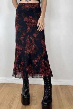 Y2K Mesh Paneled Floral Midi Skirt - Coquette Aesthetic Grunge Style for Women