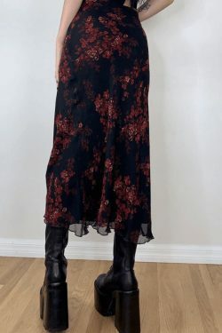 Y2K Mesh Paneled Floral Midi Skirt - Coquette Aesthetic Grunge Style for Women