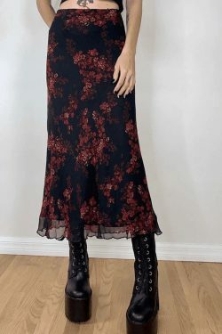 Y2K Mesh Paneled Floral Midi Skirt - Coquette Aesthetic Grunge Style for Women