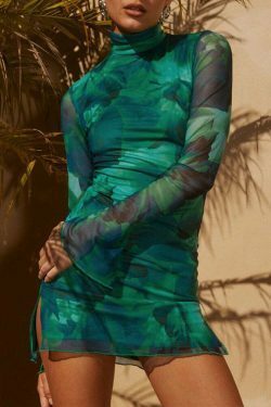 Y2K Mesh Printed Slim Dress - Coquette Aesthetic, Grunge Style, Pastel Goth