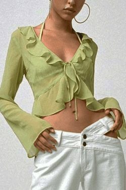 Y2K Mesh Ruffle Crop Top: Coquette Aesthetic Grunge Style, Cute Pastel Goth Fashion