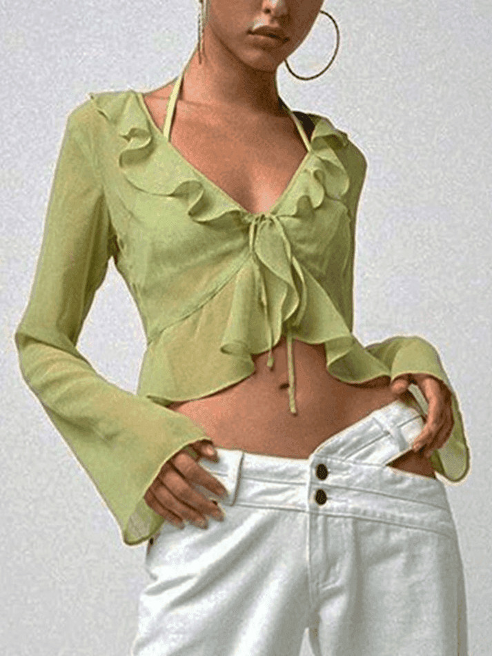 Y2K Mesh Ruffle Crop Top: Coquette Aesthetic Grunge Style, Cute Pastel Goth Fashion Y2K Mesh Ruffle Crop Top: Coquette Aesthetic Grunge Style, Cute Pastel Goth Fashion