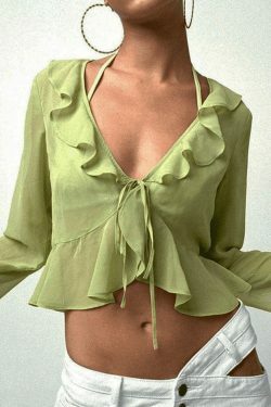 Y2K Mesh Ruffle Crop Top: Coquette Aesthetic Grunge Style, Cute Pastel Goth Fashion