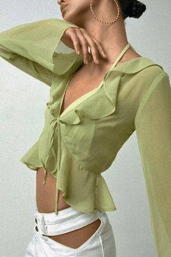 Y2K Mesh Ruffle Crop Top: Coquette Aesthetic Grunge Style, Cute Pastel Goth Fashion