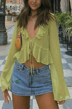 Y2K Mesh Ruffle Crop Top: Coquette Aesthetic Grunge Style, Cute Pastel Goth Fashion