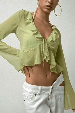 Y2K Mesh Ruffle Crop Top: Coquette Aesthetic Grunge Style, Cute Pastel Goth Fashion