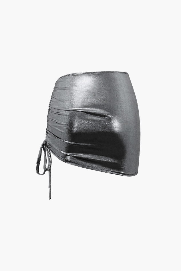 Y2K Metallic Drawstring Ruched Cami & Mini Skirt Set - Coquette Aesthetic, Grunge Style, Pastel Goth Y2K Metallic Drawstring Ruched Cami & Mini Skirt Set - Coquette Aesthetic, Grunge Style, Pastel Goth