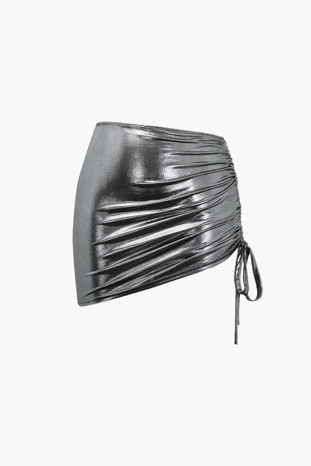 Y2K Metallic Drawstring Ruched Cami & Mini Skirt Set - Coquette Aesthetic, Grunge Style, Pastel Goth Y2K Metallic Drawstring Ruched Cami & Mini Skirt Set - Coquette Aesthetic, Grunge Style, Pastel Goth