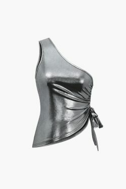 Y2K Metallic Drawstring Ruched Cami & Mini Skirt Set - Coquette Aesthetic, Grunge Style, Pastel Goth