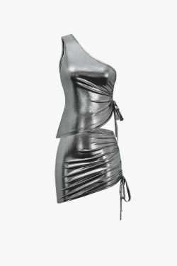 Y2K Metallic Drawstring Ruched Cami & Mini Skirt Set - Coquette Aesthetic, Grunge Style, Pastel Goth