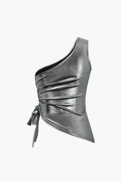 Y2K Metallic Drawstring Ruched Cami & Mini Skirt Set - Coquette Aesthetic, Grunge Style, Pastel Goth