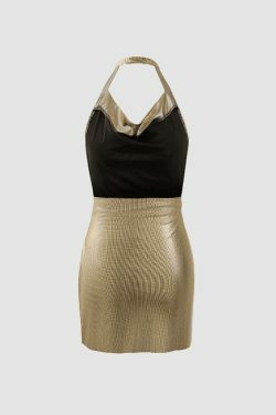 Y2K Metallic Halter Backless Slit Mini Dress - Coquette Aesthetic, Grunge