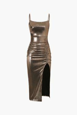 Y2K Metallic Ruched Slit Midi Dress - Coquette Aesthetic with Grunge & Old Money Style