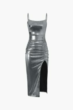 Y2K Metallic Ruched Slit Midi Dress - Coquette Aesthetic with Grunge & Old Money Style