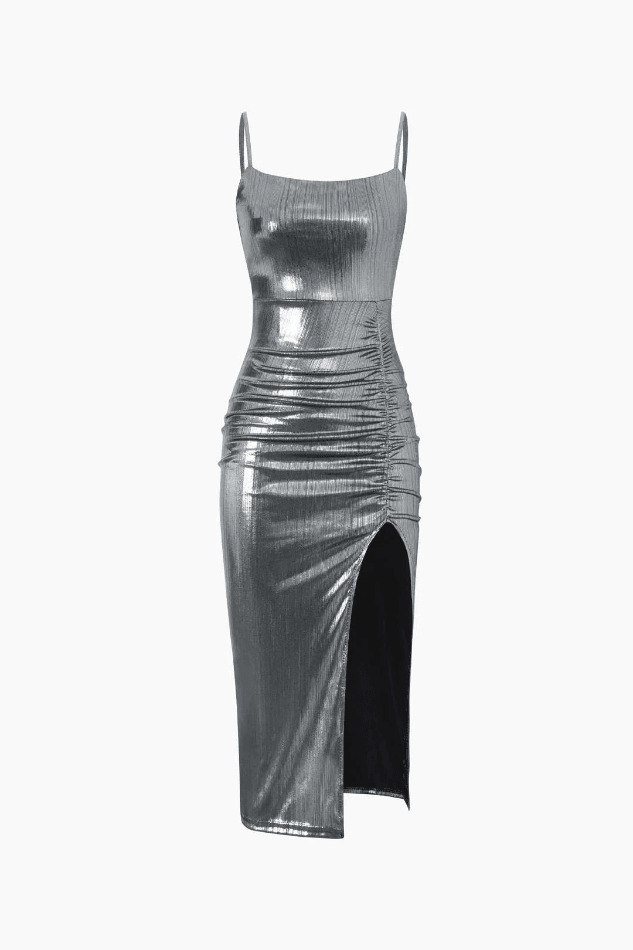 Y2K Metallic Ruched Slit Midi Dress - Coquette Aesthetic with Grunge & Old Money Style Y2K Metallic Ruched Slit Midi Dress - Coquette Aesthetic with Grunge & Old Money Style