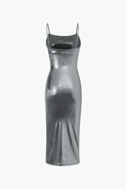Y2K Metallic Ruched Slit Midi Dress - Coquette Aesthetic with Grunge & Old Money Style