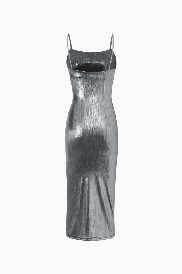 Y2K Metallic Ruched Slit Midi Dress - Coquette Aesthetic with Grunge & Old Money Style Y2K Metallic Ruched Slit Midi Dress - Coquette Aesthetic with Grunge & Old Money Style