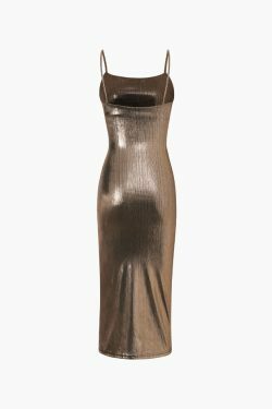 Y2K Metallic Ruched Slit Midi Dress - Coquette Aesthetic with Grunge & Old Money Style