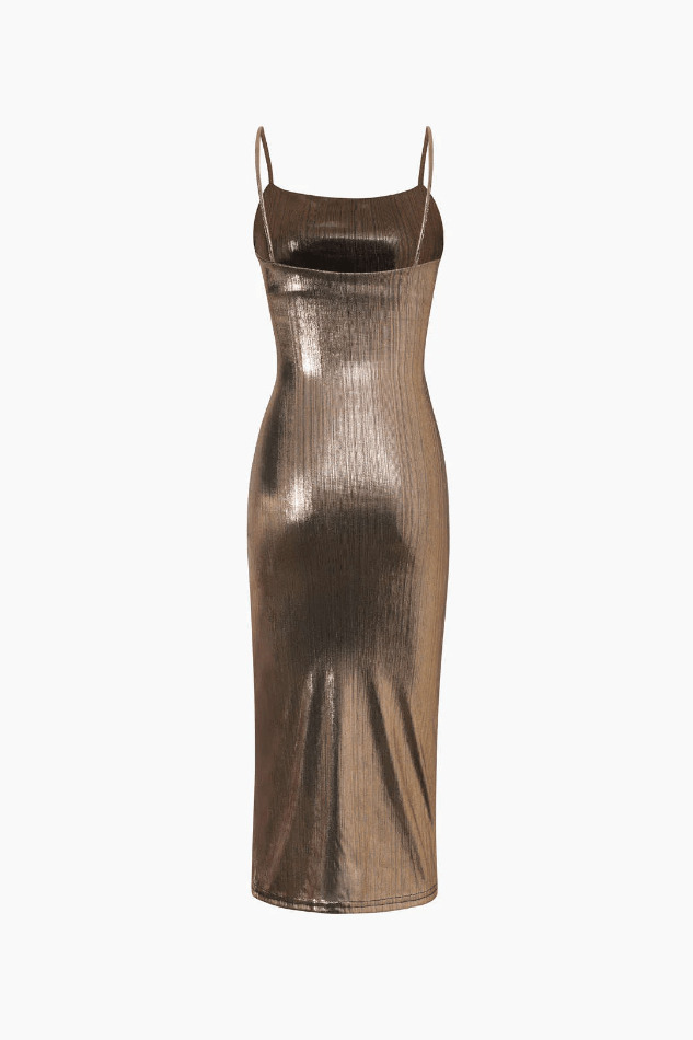 Y2K Metallic Ruched Slit Midi Dress - Coquette Aesthetic with Grunge & Old Money Style Y2K Metallic Ruched Slit Midi Dress - Coquette Aesthetic with Grunge & Old Money Style