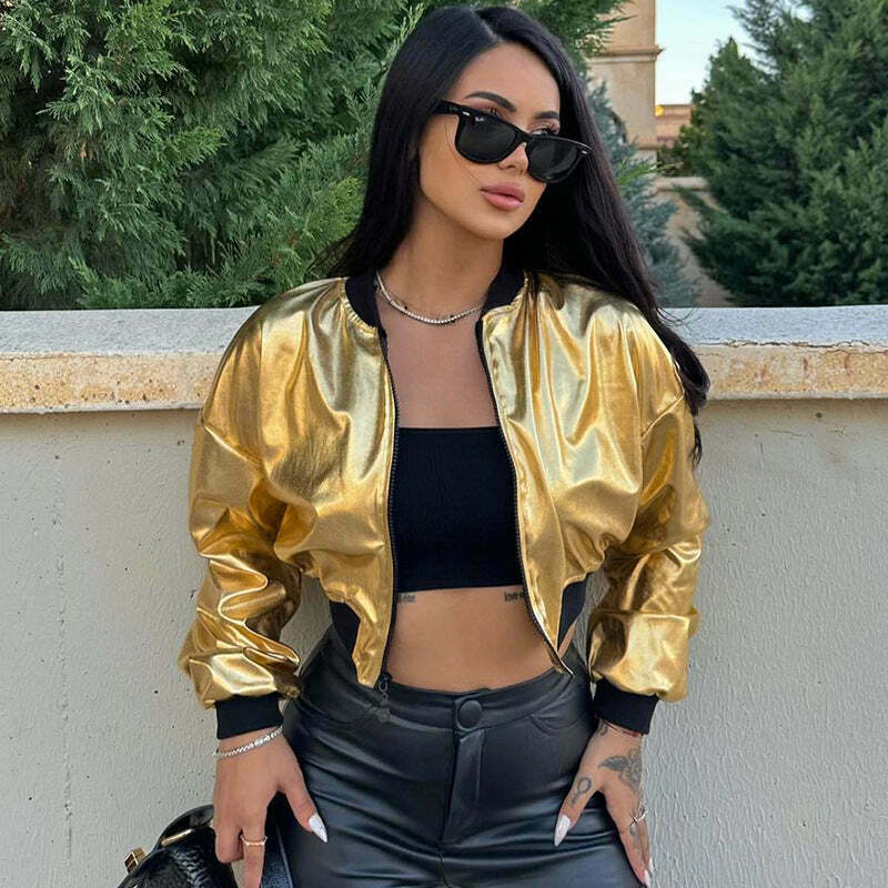 Y2K Metallic Zipper Short Jacket - Coquette Aesthetic Grunge Style Y2K Metallic Zipper Short Jacket - Coquette Aesthetic Grunge Style