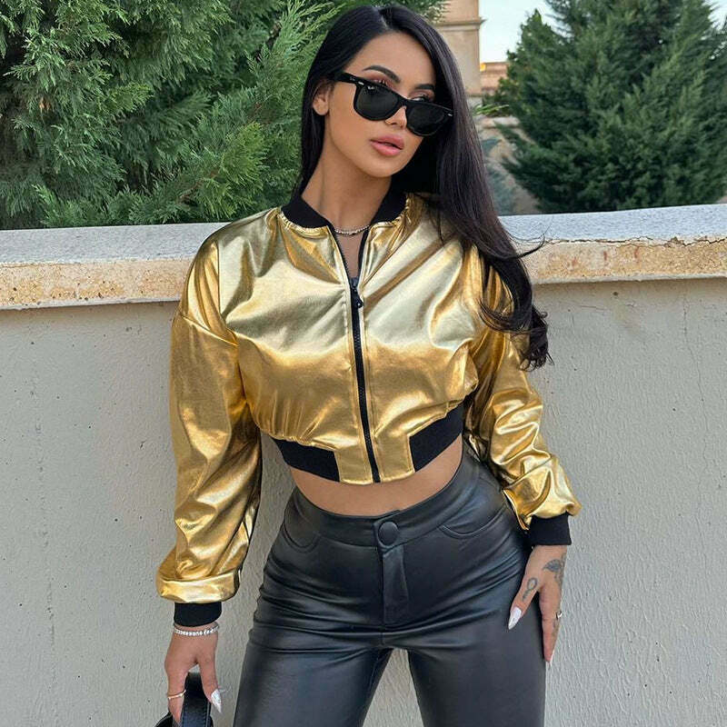 Y2K Metallic Zipper Short Jacket - Coquette Aesthetic Grunge Style Y2K Metallic Zipper Short Jacket - Coquette Aesthetic Grunge Style