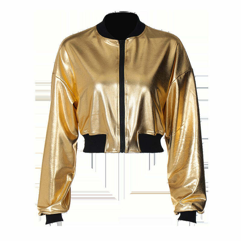 Y2K Metallic Zipper Short Jacket - Coquette Aesthetic Grunge Style Y2K Metallic Zipper Short Jacket - Coquette Aesthetic Grunge Style