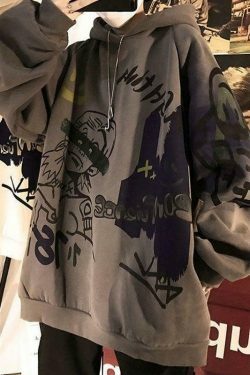 Y2K Oversize Graffiti Print Hoodie - Coquette Aesthetic, Grunge Style, Cute Tops, Pastel Goth