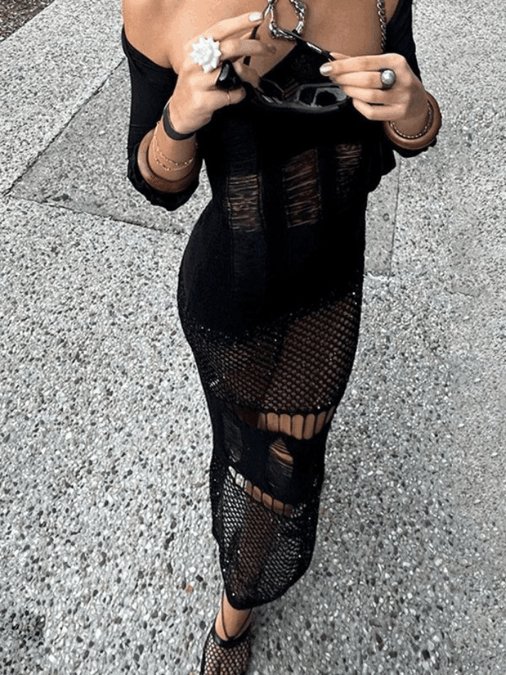 Y2K Patchwork Distressed Halter Maxi Dress - Coquette Aesthetic, Grunge Style, Cute Tops