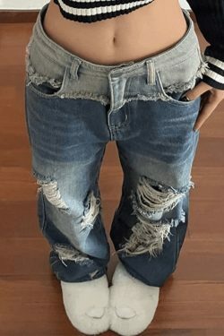 Y2K Patchwork Distressed Straight Leg Ripped Jeans - Vintage Aesthetic Denim for Women