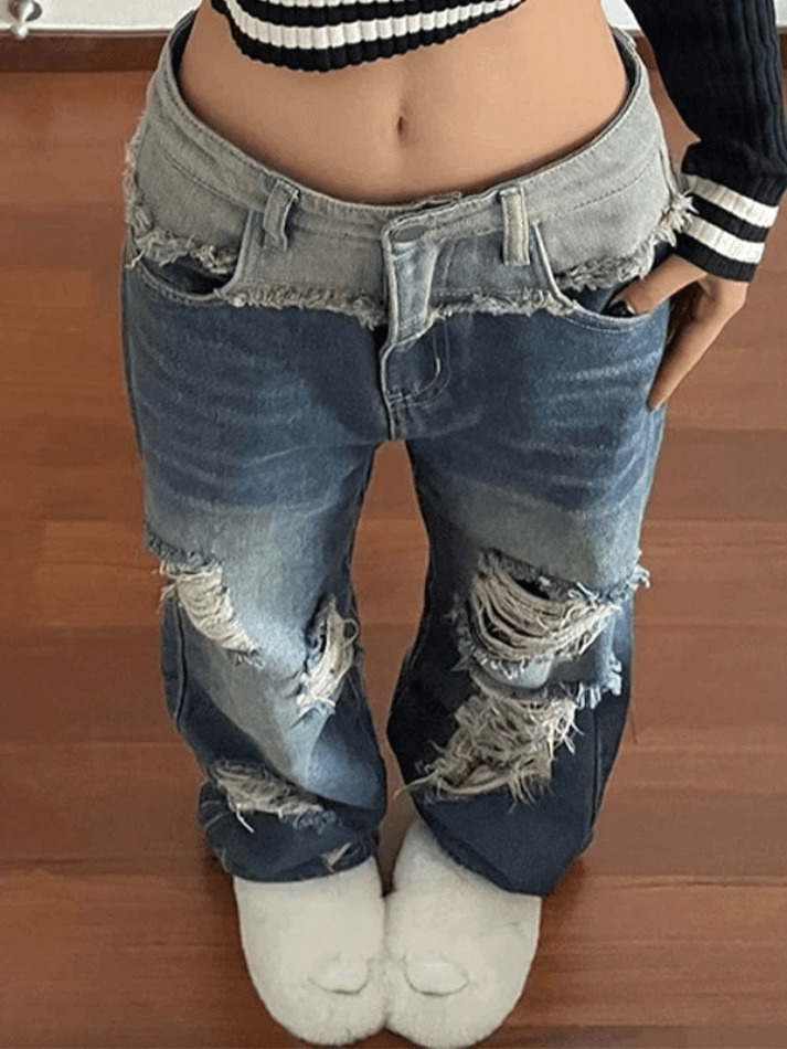 Y2K Patchwork Distressed Straight Leg Ripped Jeans - Vintage Aesthetic Denim for Women Y2K Patchwork Distressed Straight Leg Ripped Jeans - Vintage Aesthetic Denim for Women