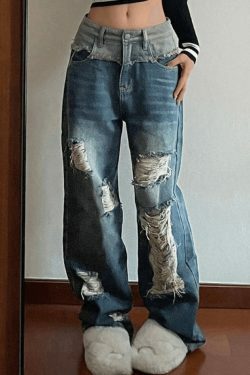Y2K Patchwork Distressed Straight Leg Ripped Jeans - Vintage Aesthetic Denim for Women