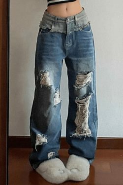 Y2K Patchwork Distressed Straight Leg Ripped Jeans - Vintage Aesthetic Denim for Women