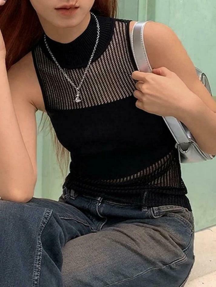 Y2K Patchwork Sleeveless Knit Crop Top - Coquette Aesthetic Grunge Outfits