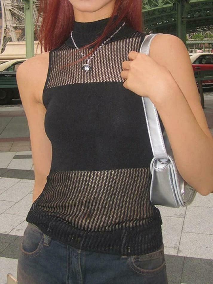 Y2K Patchwork Sleeveless Knit Crop Top - Coquette Aesthetic Grunge Outfits