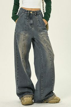 Y2K Patchwork Straight Loose Boyfriend Jeans - Coquette Aesthetic Grunge Style Cargo Skirt