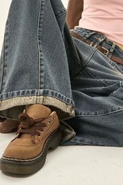 Y2K Patchwork Straight Loose Boyfriend Jeans - Coquette Aesthetic Grunge Style Cargo Skirt