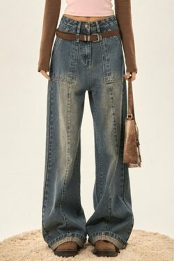 Y2K Patchwork Straight Loose Boyfriend Jeans - Coquette Aesthetic Grunge Style Cargo Skirt