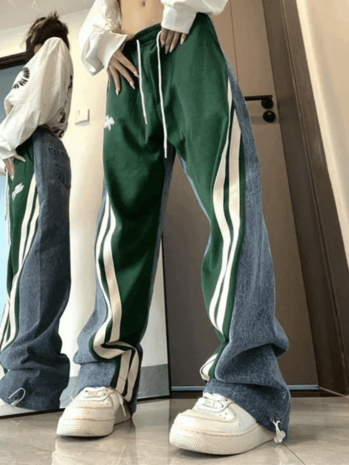 Y2K Patchwork Striped Baggy Boyfriend Jeans - Coquette Aesthetic Grunge Style Women's Fashion Y2K Patchwork Striped Baggy Boyfriend Jeans - Coquette Aesthetic Grunge Style Women's Fashion